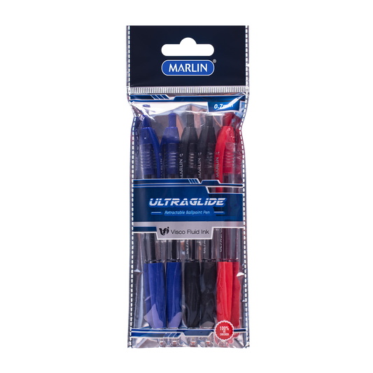 Marlin Ultraglide Retractable Pen 5's Asst 0.7mm Polybag -2 Blue,2 Black,1 Red  (SM223)