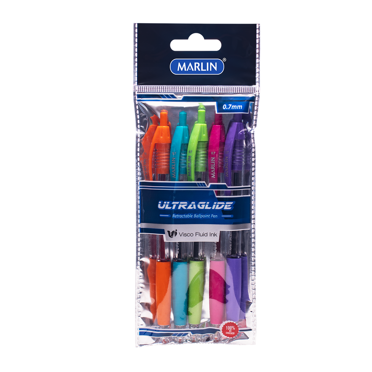 Marlin Ultraglide Neon Retractable Pen 5's Asst 0.7mm In Polybag (SM224)