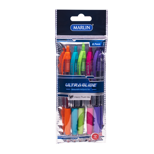 Marlin Ultraglide Neon Retractable Pen 5's Asst 0.7mm In Polybag (SM224)